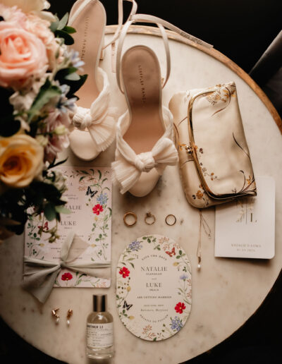 Bride's Flatlay Details Summer wedding at George Peabody Library